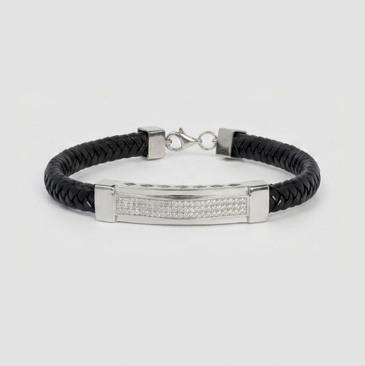 Men's Black Braided Bracelet with Silver Crystal Bar