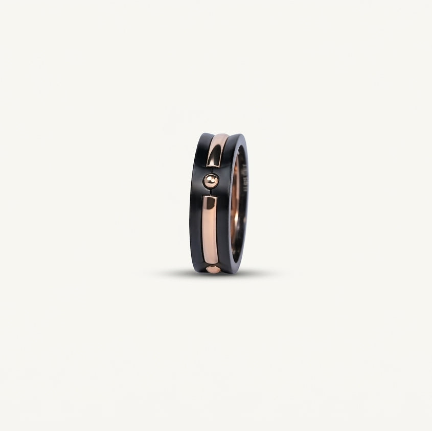 Black & Rose Gold Double Band Ring with Modern Accent