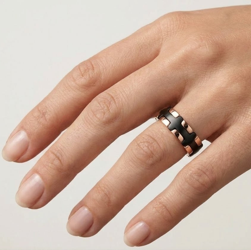 Black & Rose Gold Textured Link Ring