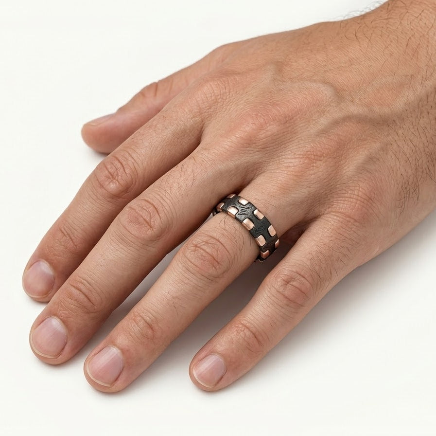 Black & Rose Gold Studded Wide Band Ring