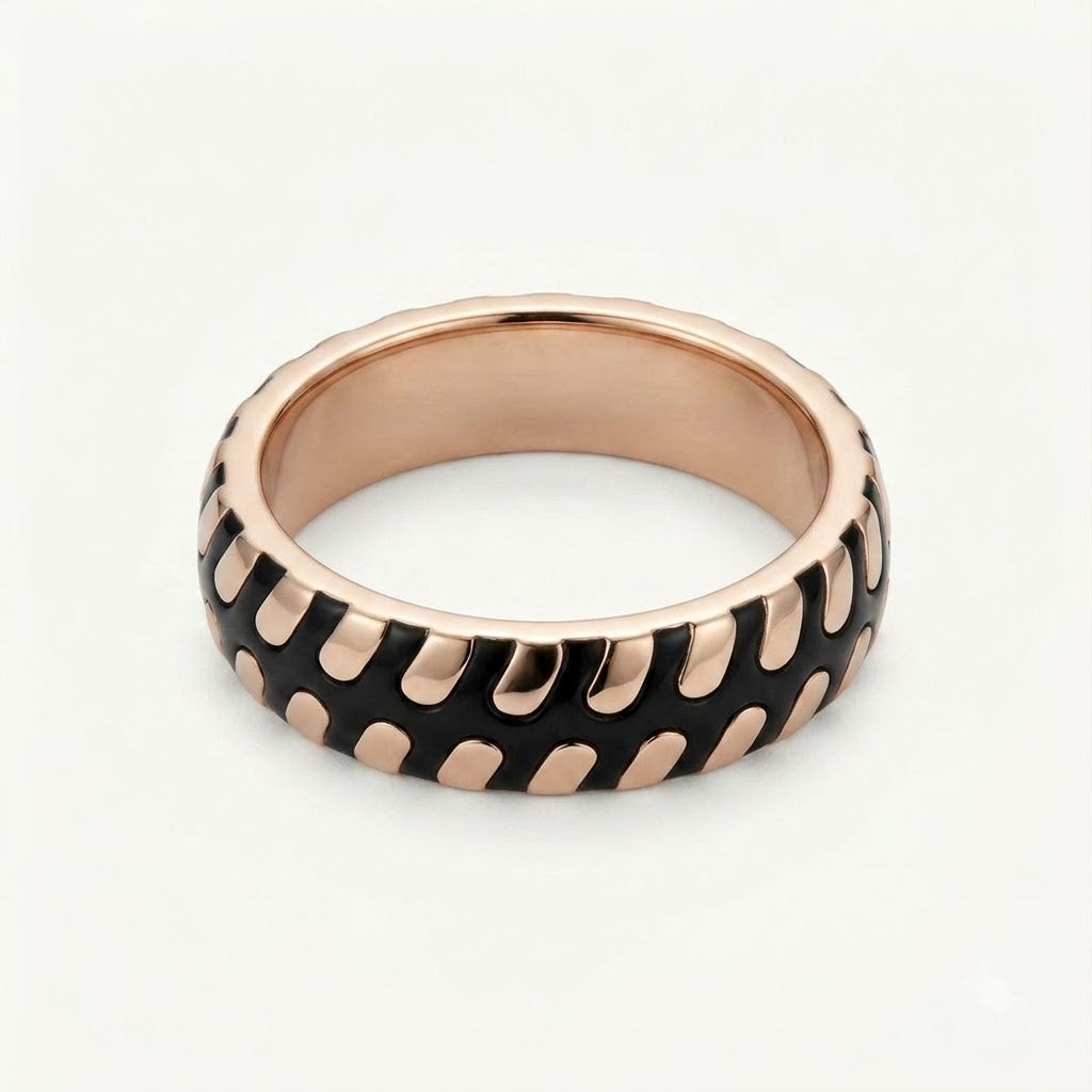 Black & Rose Gold Patterned Wide Band Ring
