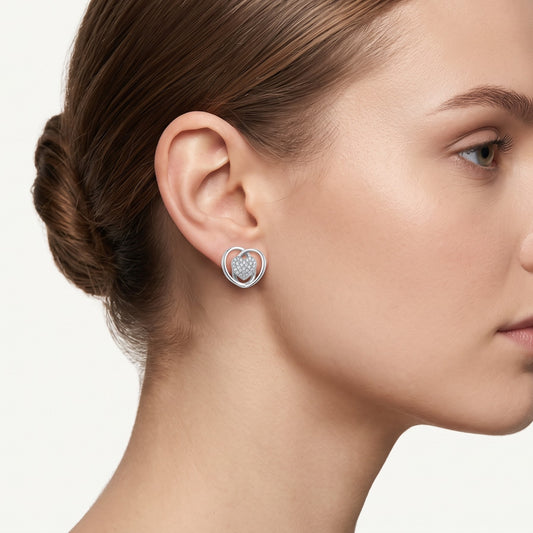 Silver Heart Stud Earrings with Sparkling Pavé Detail
