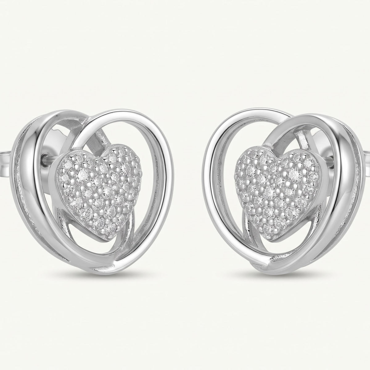 Silver Heart Stud Earrings with Sparkling Pavé Detail