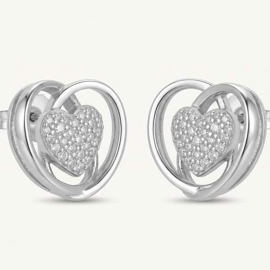 Silver Heart Stud Earrings with Sparkling Pavé Detail
