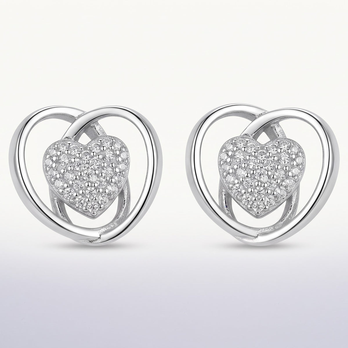 Silver Heart Stud Earrings with Sparkling Pavé Detail
