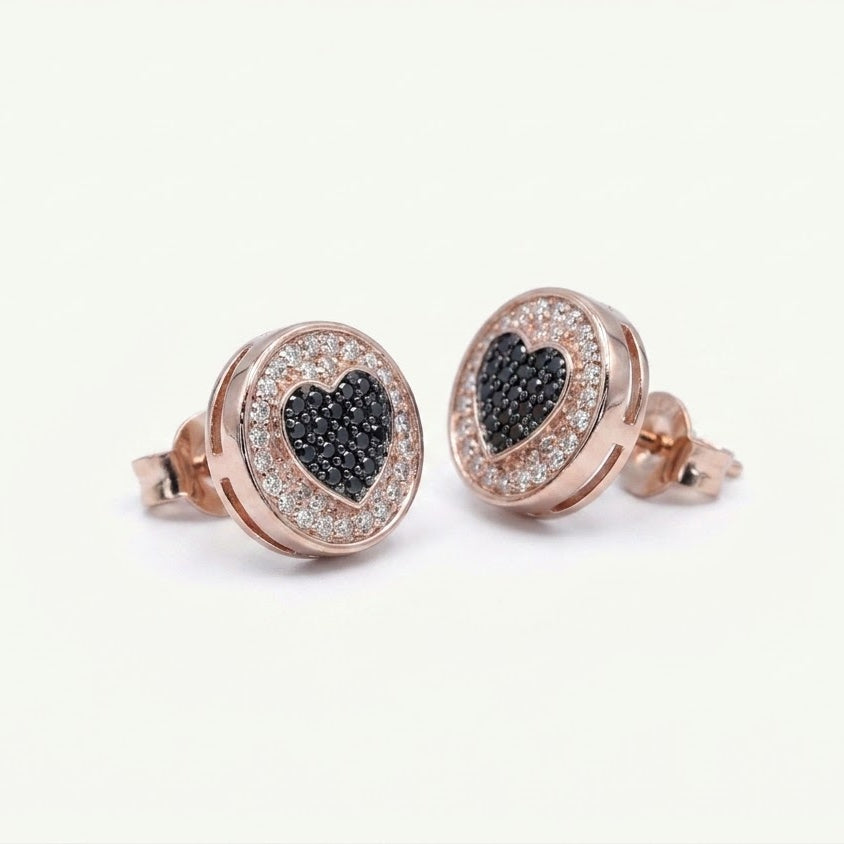 Rose Gold Black Heart Crystal Stud Earrings