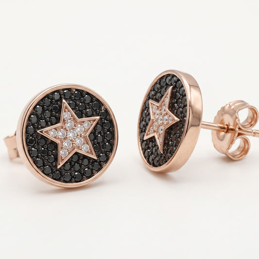 Rose Gold Black Crystal Star Stud Earrings