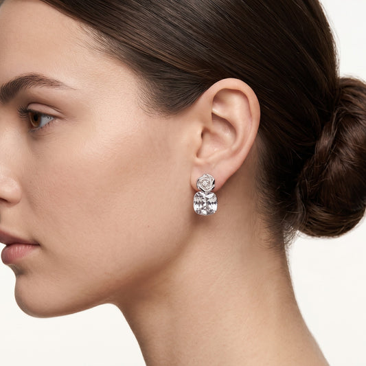 Silver Oval Crystal Drop Earrings with Sparkling Stud Tops