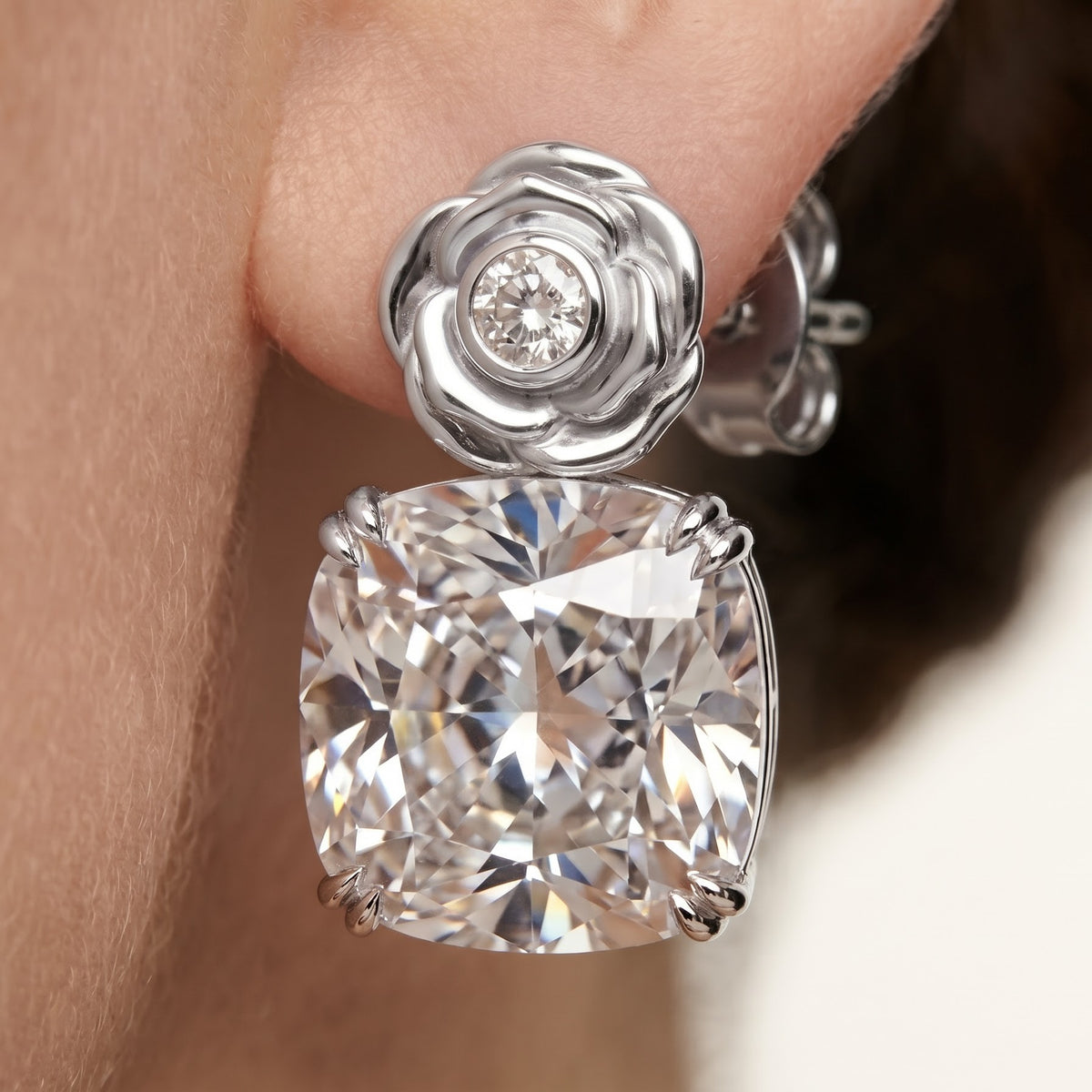Silver Oval Crystal Drop Earrings with Sparkling Stud Tops