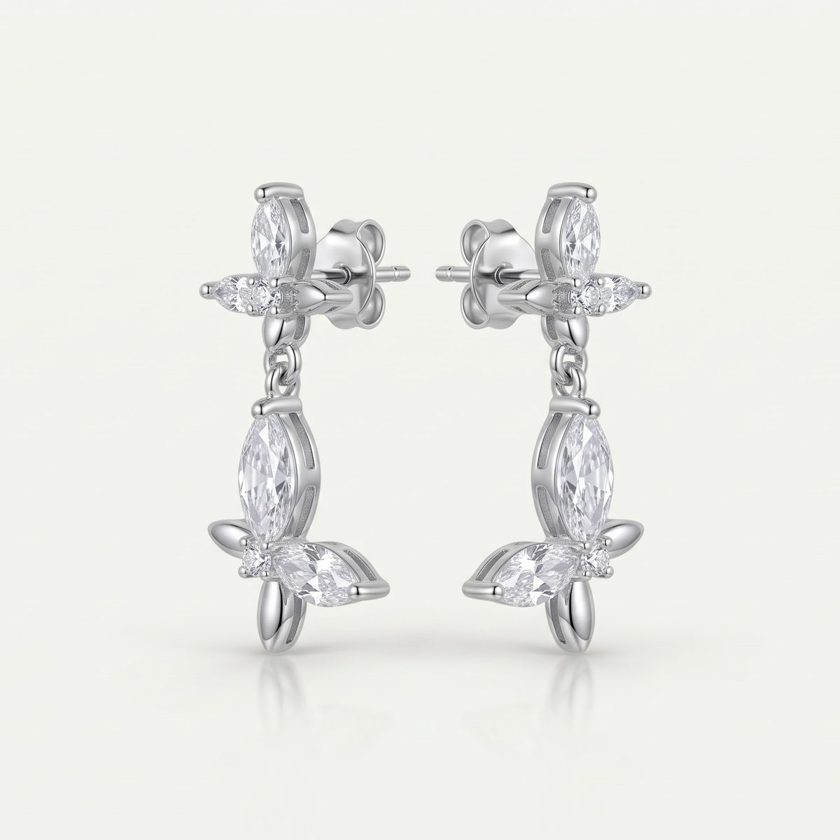 Silver Crystal Floral Drop Earrings