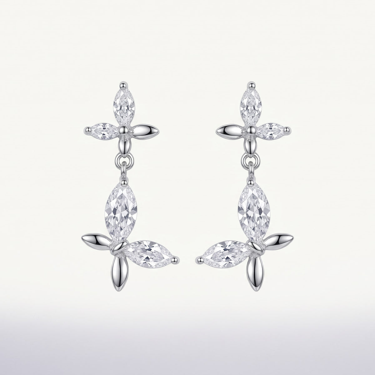 Silver Crystal Floral Drop Earrings