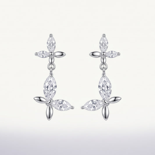 Silver Crystal Floral Drop Earrings