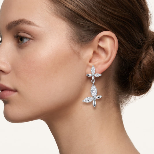 Silver Crystal Floral Drop Earrings