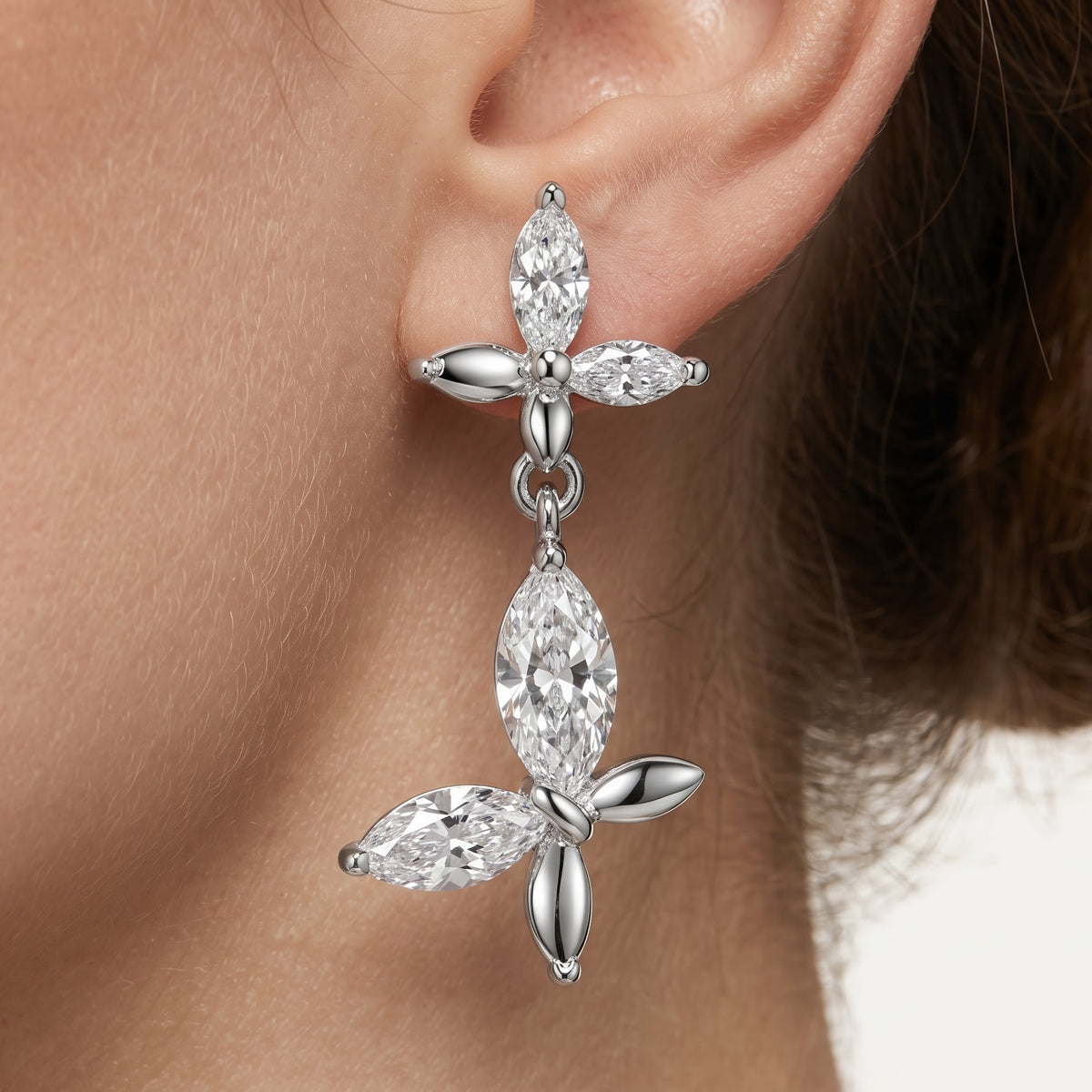 Silver Crystal Floral Drop Earrings