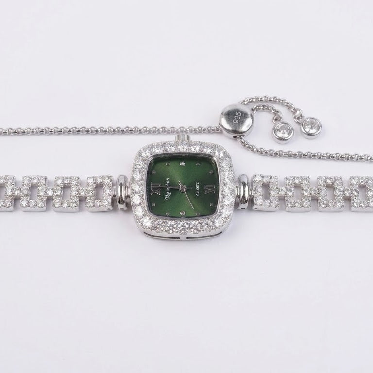 Green Square Crystal Watch for Women – 925 Silver Style Bracelet