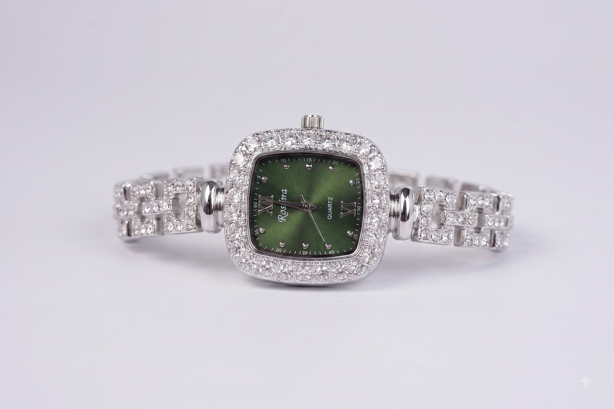 Green Square Crystal Watch for Women – 925 Silver Style Bracelet