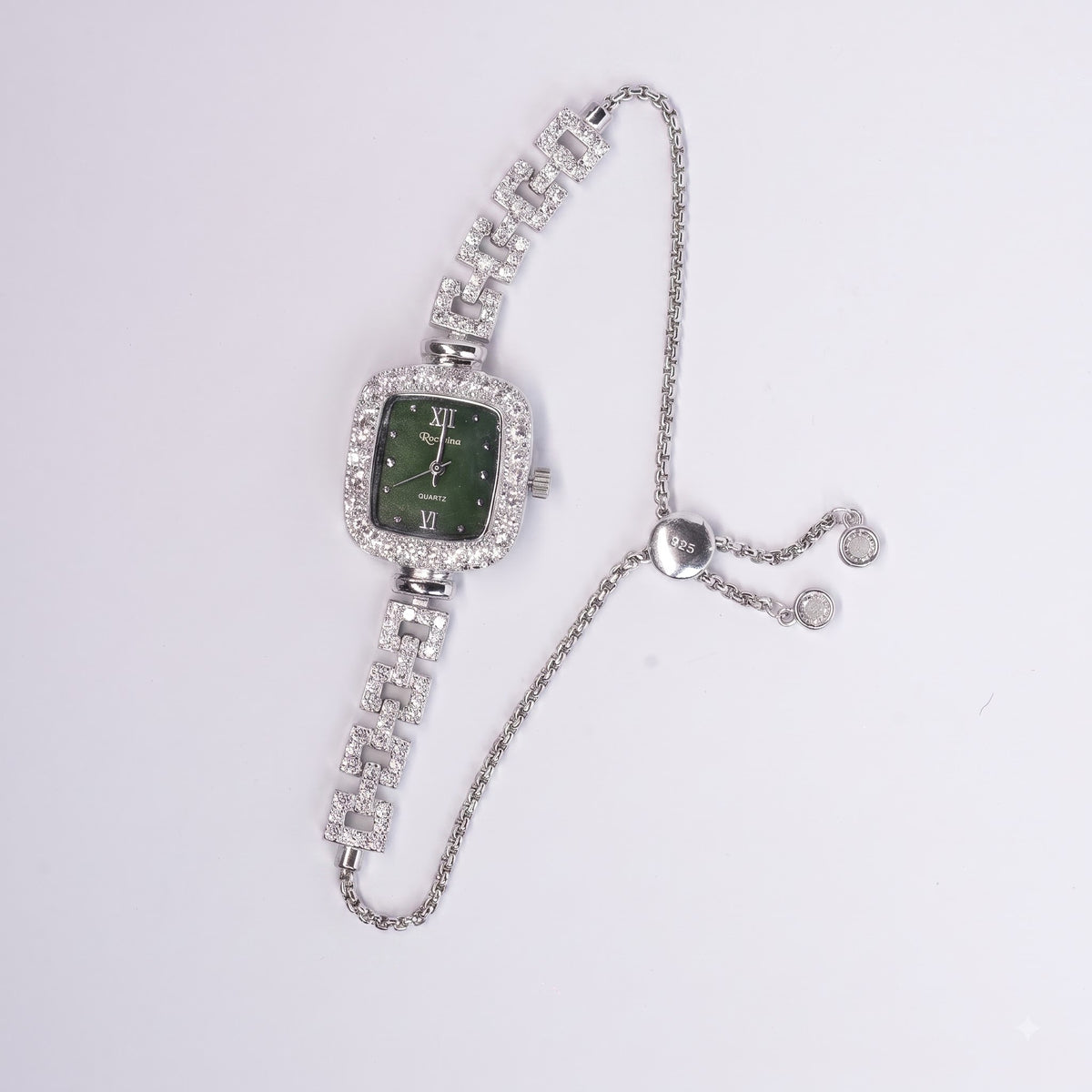 Green Square Crystal Watch for Women – 925 Silver Style Bracelet