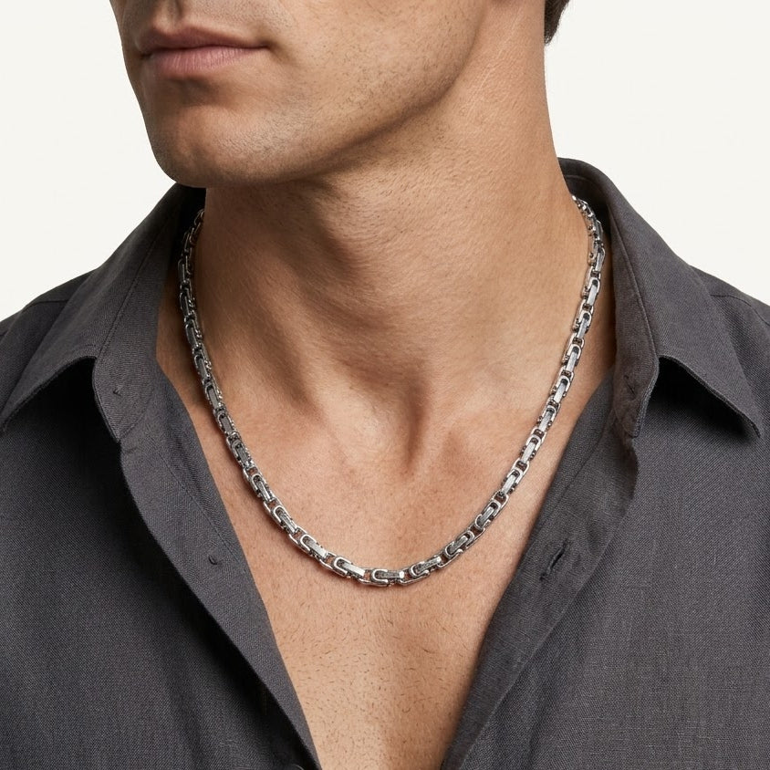 Silver Geometric Oval Link Chain Necklace