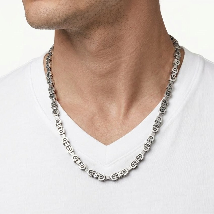 Silver U-Link Chain Necklace with Modern Geometric Design