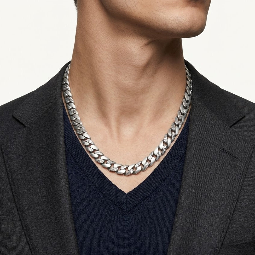 Silver Textured Cuban Link Chain Necklace for Men & Women