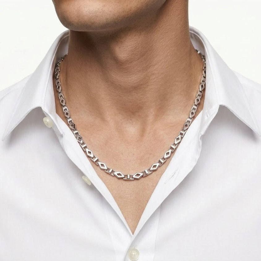 Silver Geometric Black Accent Link Chain Necklace