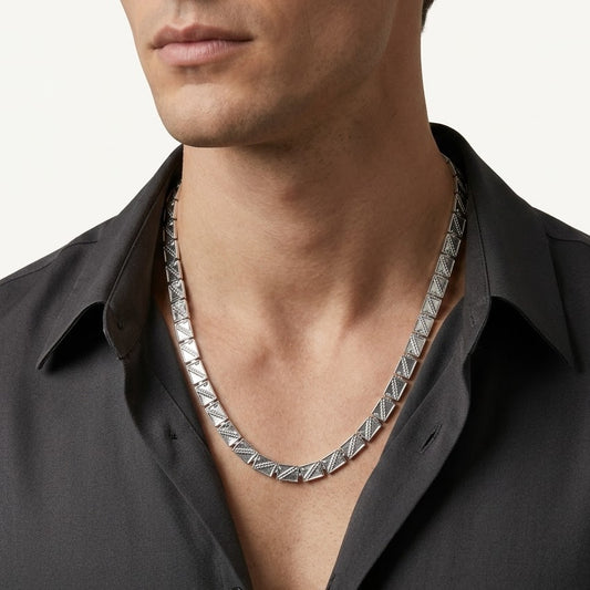 Silver Geometric Link Chain Necklace with Textured Square Links