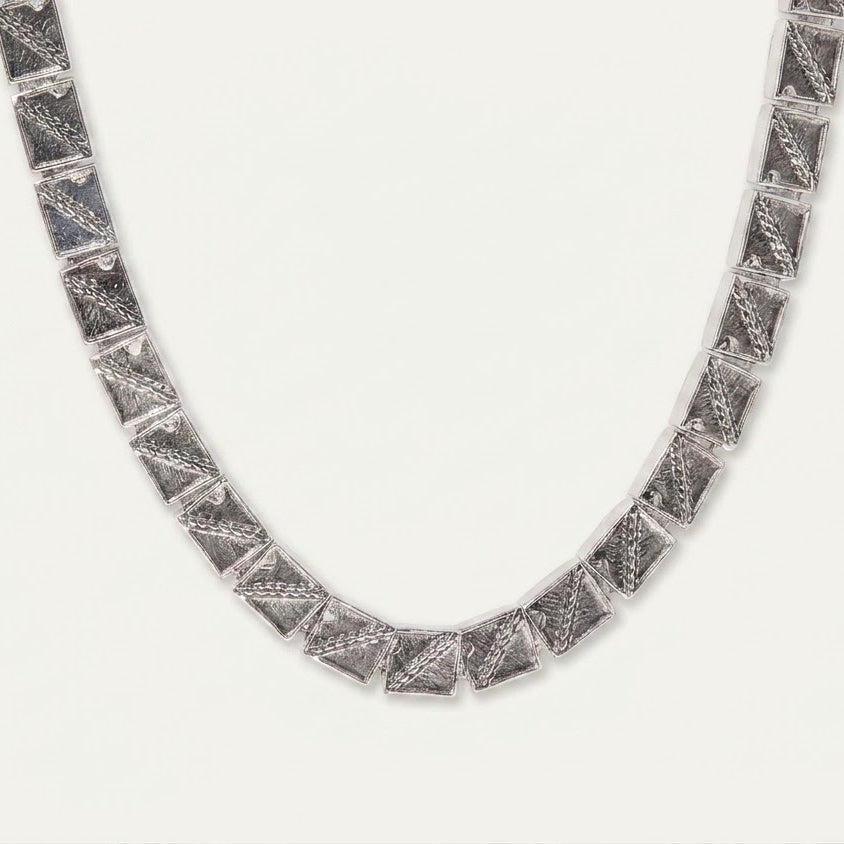 Silver Geometric Link Chain Necklace with Textured Square Links