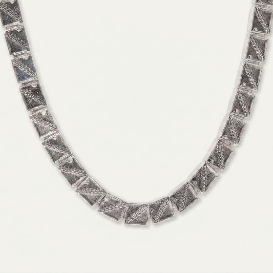 Silver Geometric Link Chain Necklace with Textured Square Links
