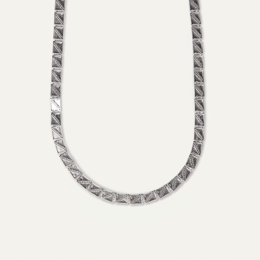 Silver Geometric Link Chain Necklace with Textured Square Links