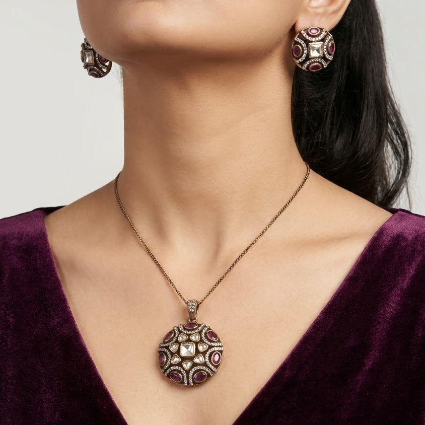 Elegant Ruby Round Pendant Necklace & Earrings Set