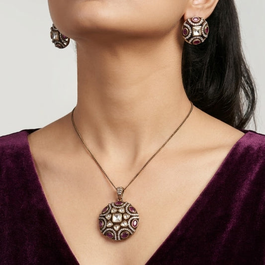 Elegant Ruby Round Pendant Necklace & Earrings Set