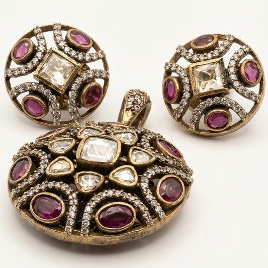 Elegant Ruby Round Pendant Necklace & Earrings Set