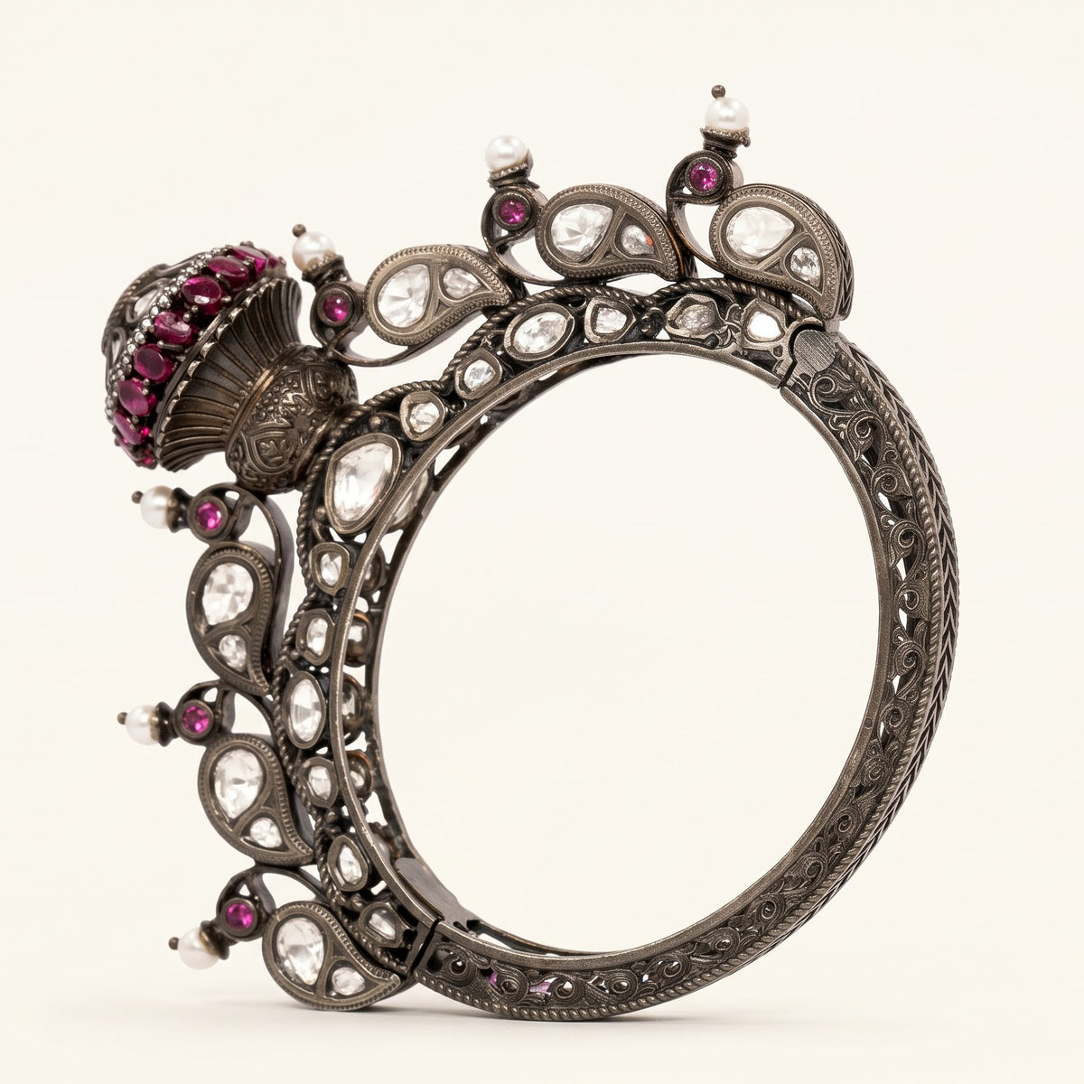 Luxury Ruby & White Stone Studded Designer Kada Bracelet