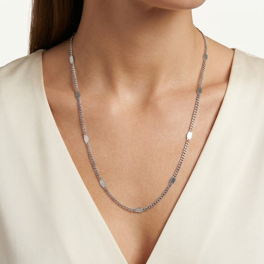 Silver Long Link Necklace with Oval Accents