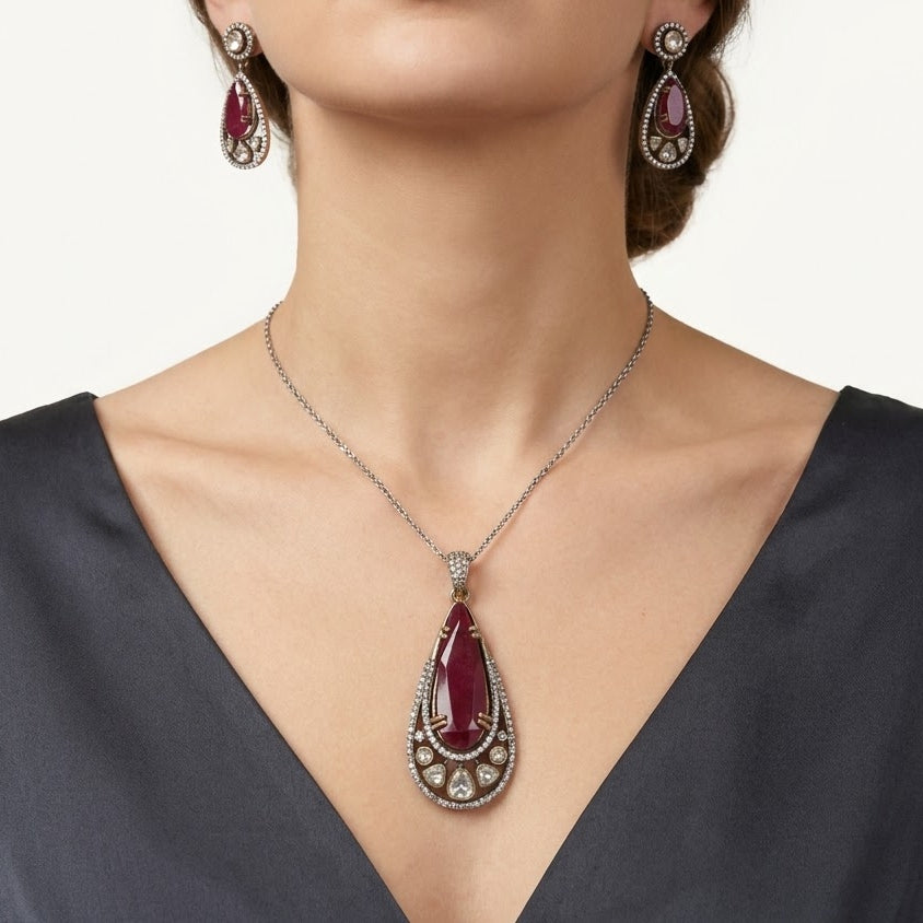 Elegant Ruby-Red Teardrop Necklace & Earrings Set