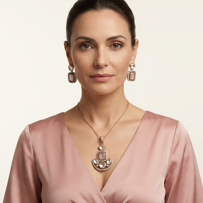 Elegant Pink Stone Necklace & Matching Earrings Set