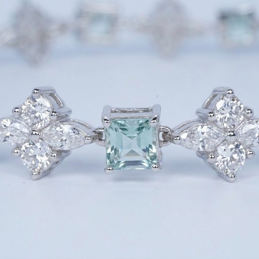 Elegant Aquamarine-Style Crystal & Floral Tennis Bracelet – Silver Finish