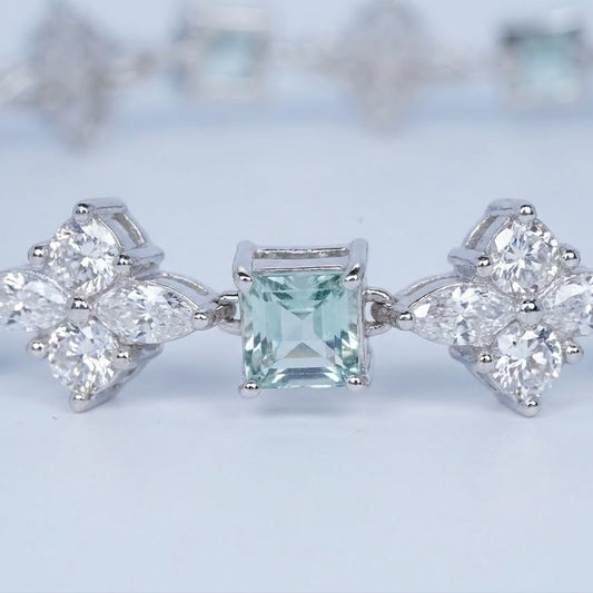 Elegant Aquamarine-Style Crystal & Floral Tennis Bracelet – Silver Finish