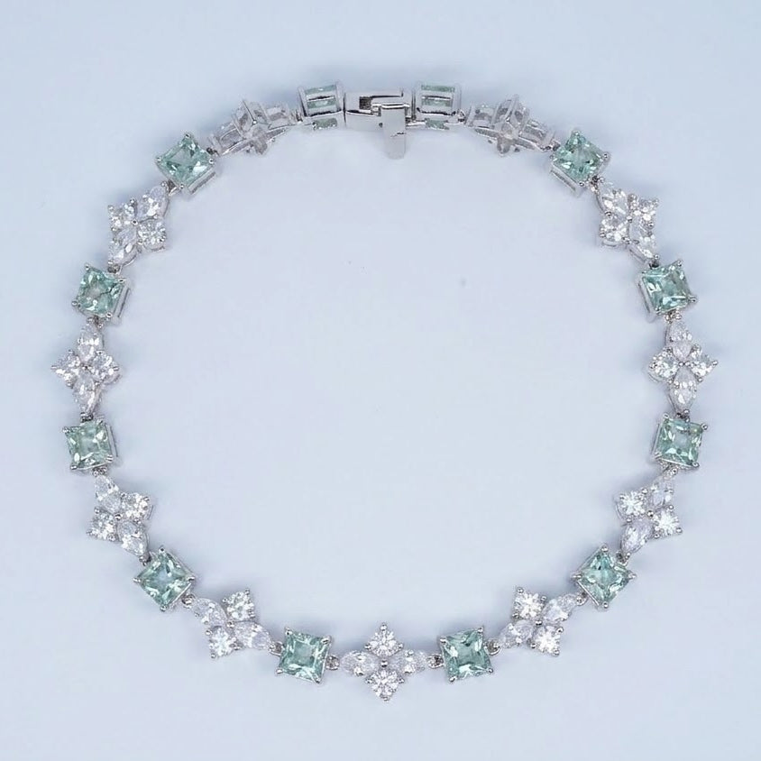 Elegant Aquamarine-Style Crystal & Floral Tennis Bracelet – Silver Finish