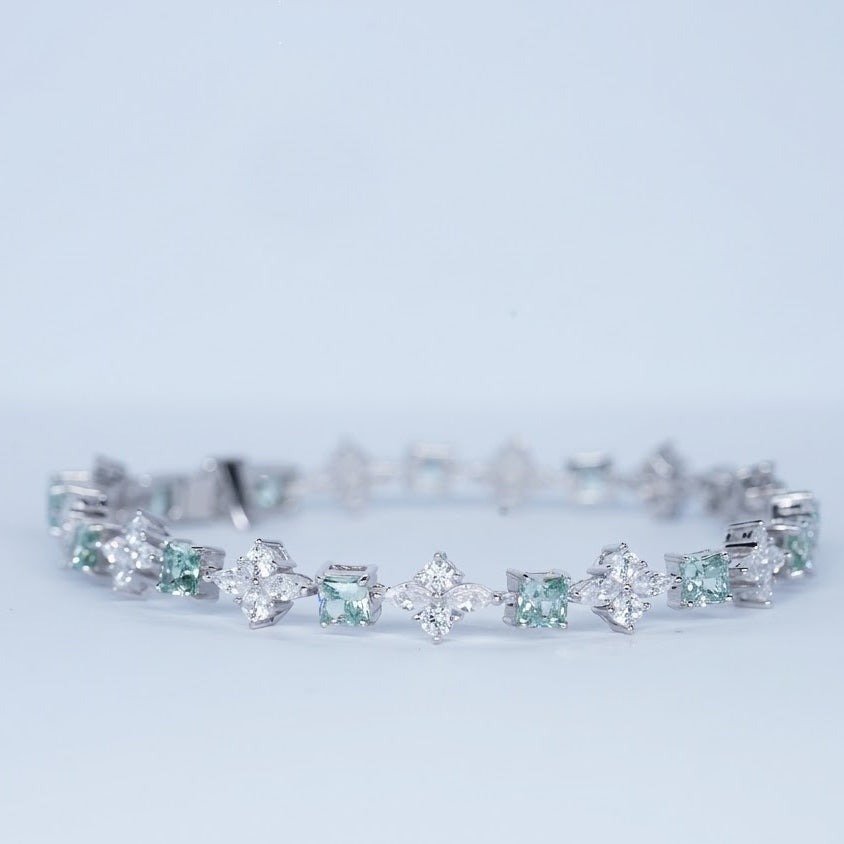 Elegant Aquamarine-Style Crystal & Floral Tennis Bracelet – Silver Finish