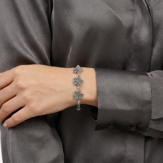 Silver Floral Bracelet for Women – Intricate Flower Design Antique Style Jewellery