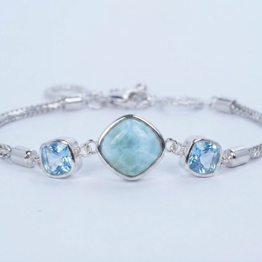 Larimar & Blue Gemstone Sterling Silver Bracelet – Ocean Blue Statement Bracelet