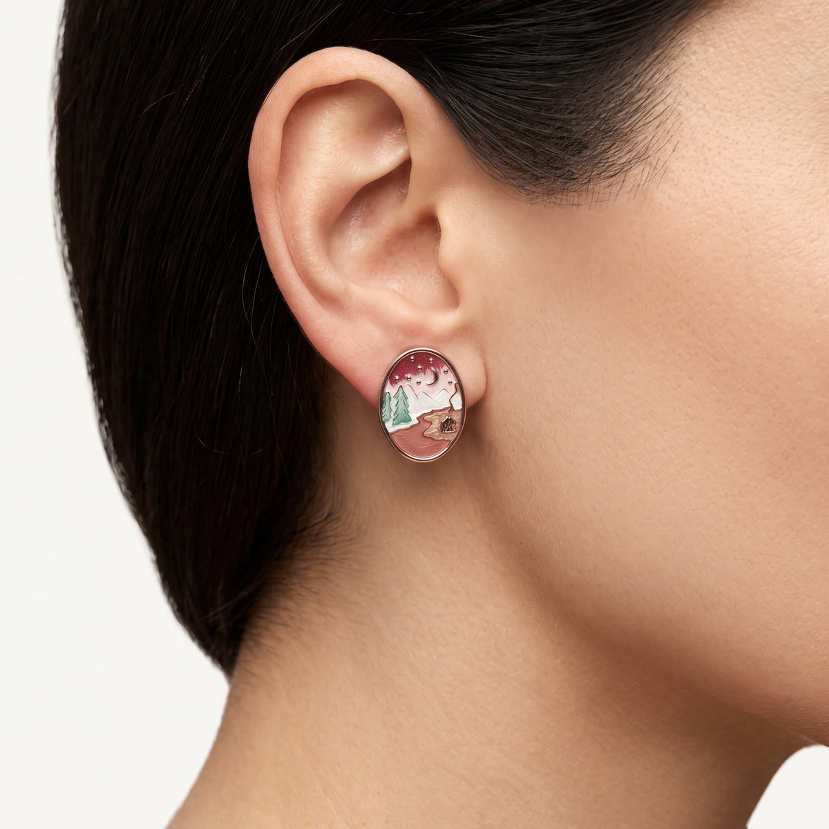Elegant Pink Mountain Landscape Necklace & Earrings Set with Scenic Enamel Design