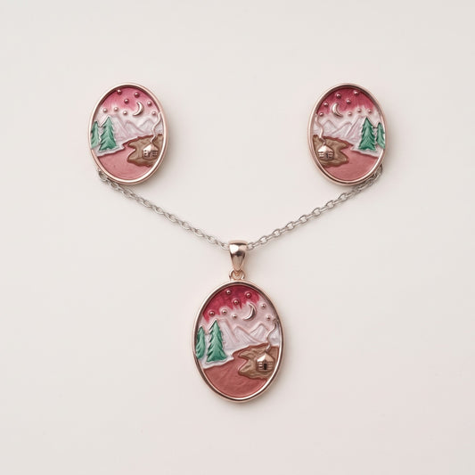 Elegant Pink Mountain Landscape Necklace & Earrings Set with Scenic Enamel Design