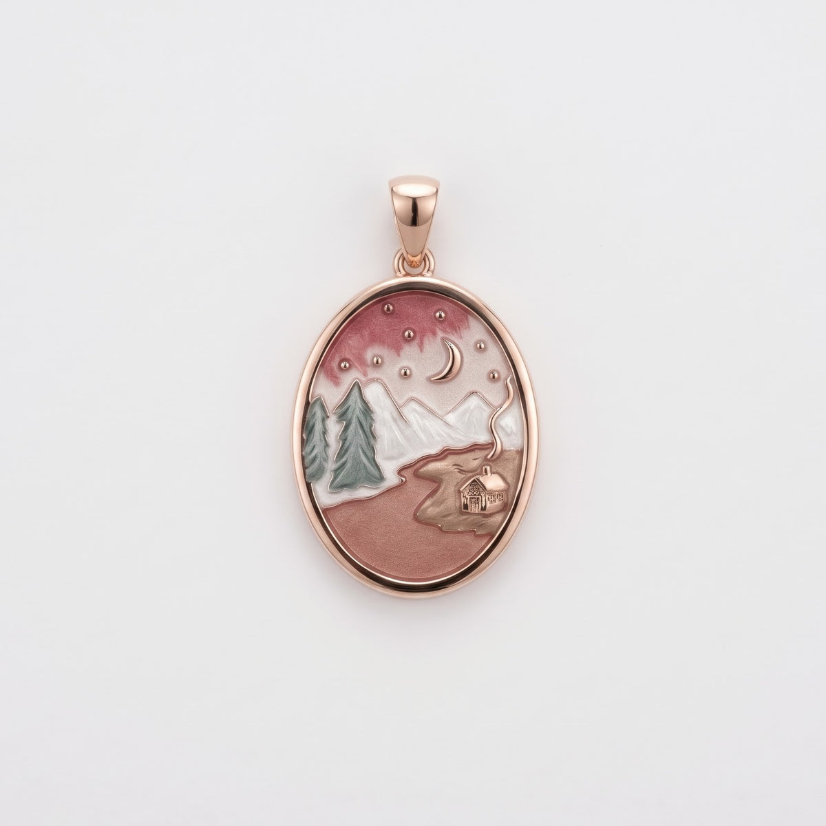 Elegant Pink Mountain Landscape Necklace & Earrings Set with Scenic Enamel Design