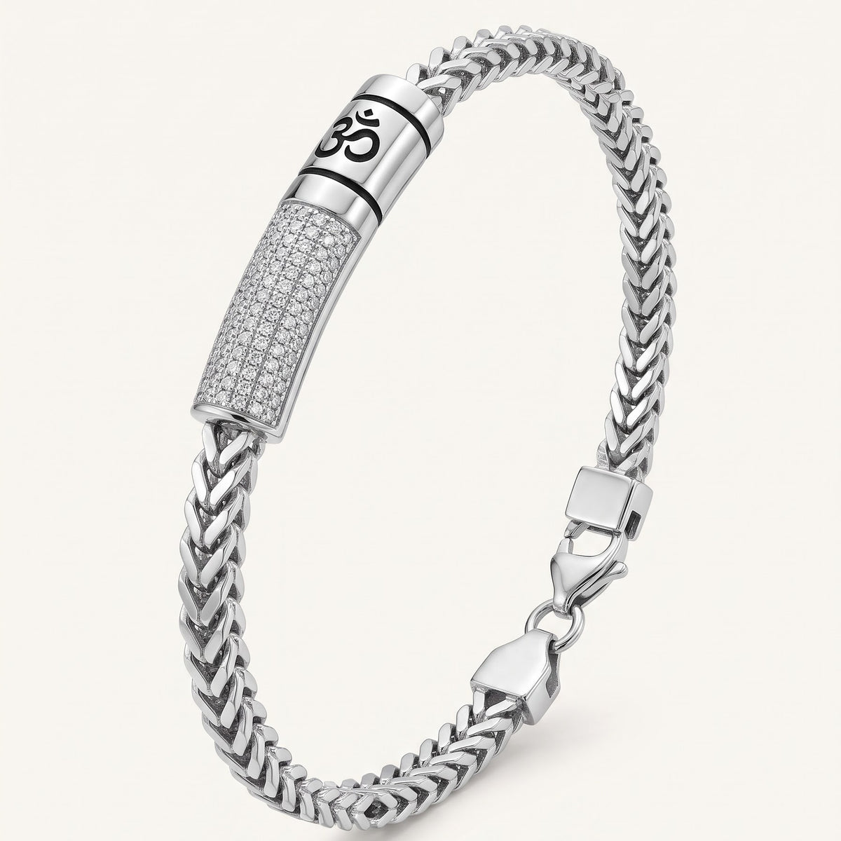 Men's Silver Om Chevron Link Bracelet with Crystal Bar