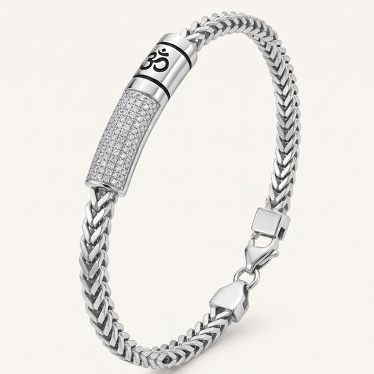 Men's Silver Om Chevron Link Bracelet with Crystal Bar