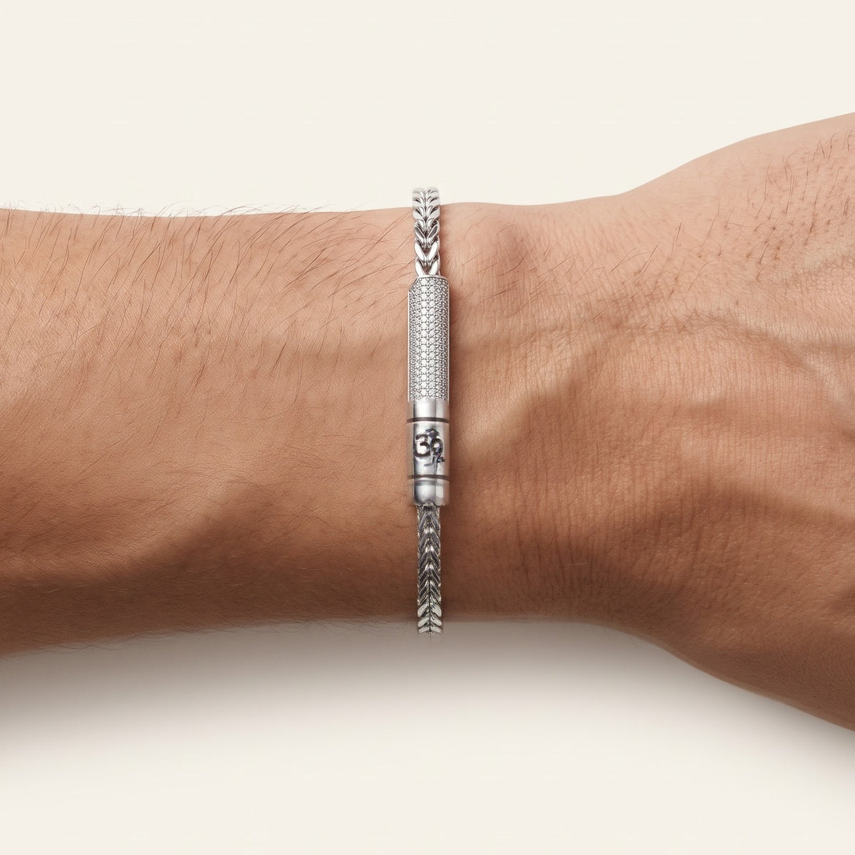 Men's Silver Om Chevron Link Bracelet with Crystal Bar
