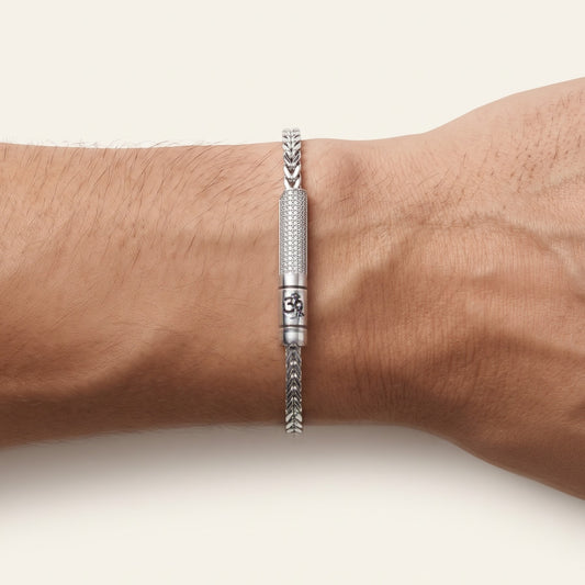 Men's Silver Om Chevron Link Bracelet with Crystal Bar