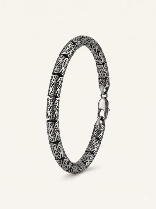 Black Oxidized Stainless Steel Engraved Link Bracelet